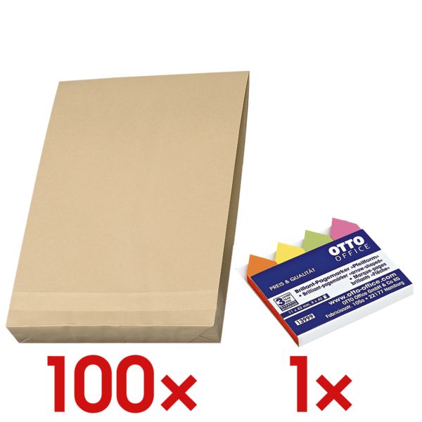 100er-Pack Faltentaschen mit Steh-/Klotzboden inkl. Pagemarker »Pfeil« 43 x 11 m